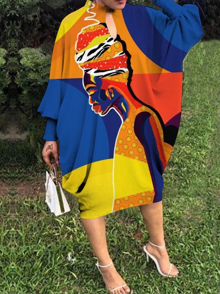 

Stand Collar Abstract Print Urban Loose Dress, As picture, Midi Dresses