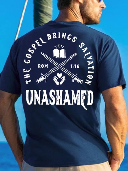 

Men's The Gospel Brings Salvation Unashamed Religious Bible Graphic Print Casual Text Letters Cotton T-Shirt, Purplish blue, T-shirts