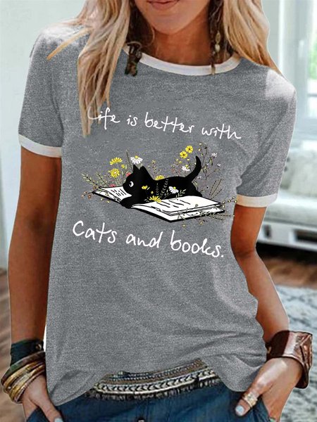 

Women’s Life Is Better With Cats And Books Cotton-Blend Casual T-Shirt, Gray, T-shirts