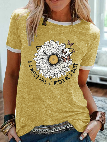 

Women's In A World Full Of Roses Be A Daisy Simple Butterfly Crew Neck T-Shirt, Yellow, T-shirts