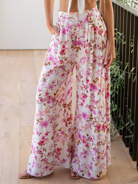 

Loose Disty Floral Boho Casual Pants, Pink, Pants