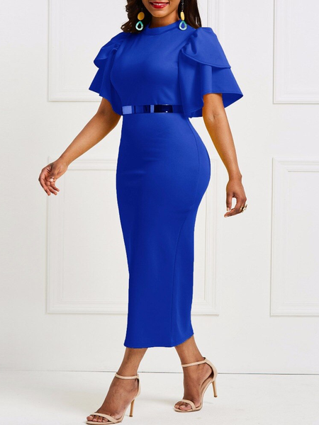 

Elegant Regular Fit Plain Dress, Blue, Midi Dresses