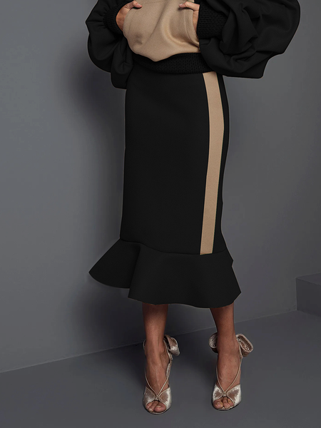 

Regular Fit Casual Color Block Long Skirt, Black, Skirts