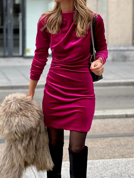 

Crew Neck Elegant Regular Fit Dress, Deep pink, Midi Dresses