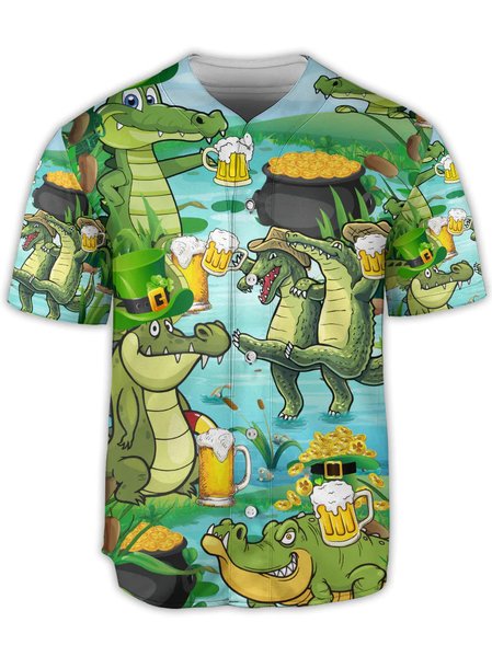 

St Patrick‘s Day Dinosaur Drinking Beer Baseball Shirt, Green, Baseball Shirts