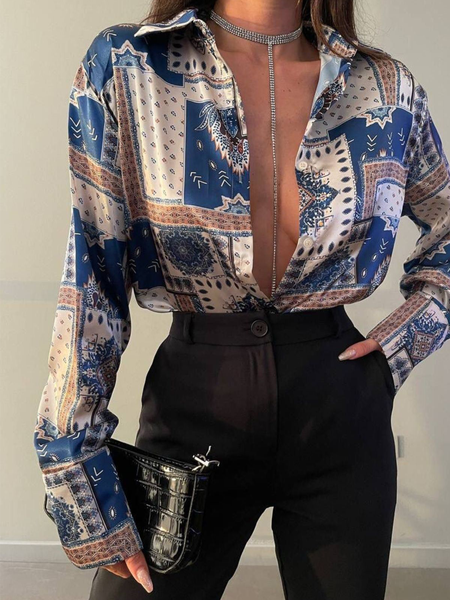 

Elegant Regular Fit Satin Painting Blouse, As picture, Blouses and Shirts
