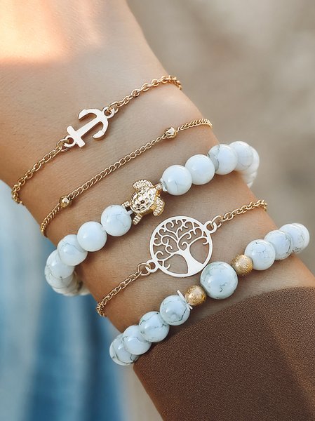 

5Pcs Boho Beaded Turtle Pattern Multilayer Bracelet Set, White, Bracelets & Anklets