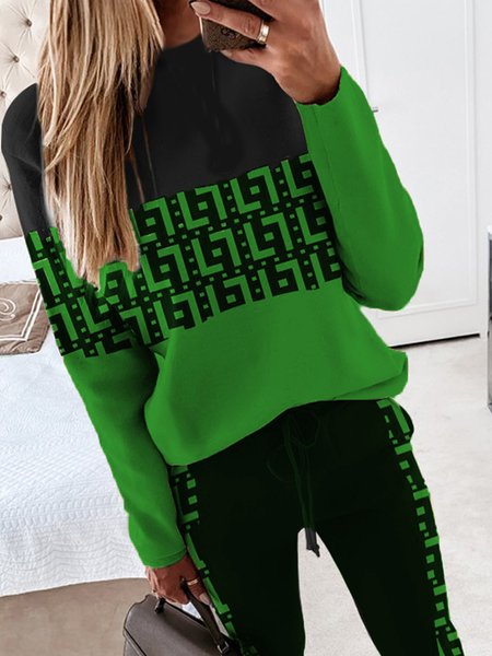 

Loose Casual Crew Neck Geometric Print Sweatshirt, Green, Hoodies and Sweatshirts