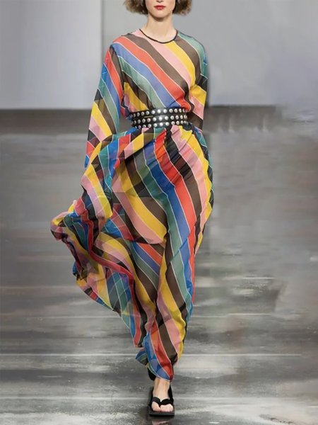

Long sleeve Striped Elegant Crew Neck Regular Fit Dress, As picture, Maxi Dresses