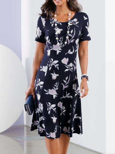 

Floral Casual Crew Neck Loose Dress, Dark blue, Dresses