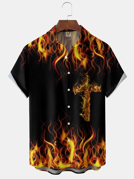 

Flame Crucifix Chest Pocket Short Sleeve Shirt, Black, Men Shirts