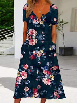 

Floral V Neck Loose Casual Dress, Blue, Dresses