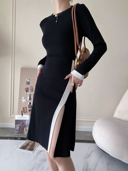 

Crew Neck Elegant Regular Fit Plain Dress, Black, Mini Dresses