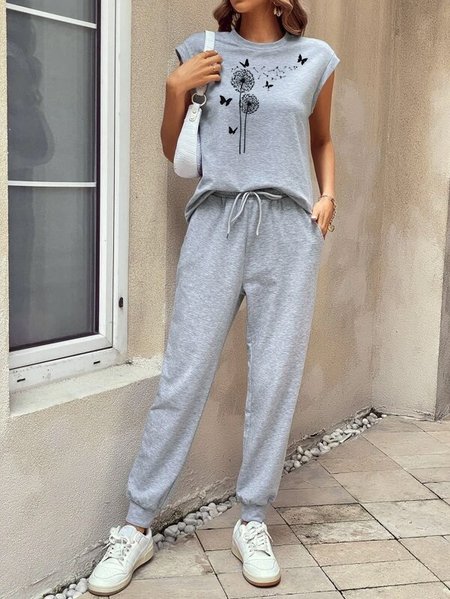 

Dandelion Floral Vest & Pants Casual Two-Piece Set, Gray, Suit Set