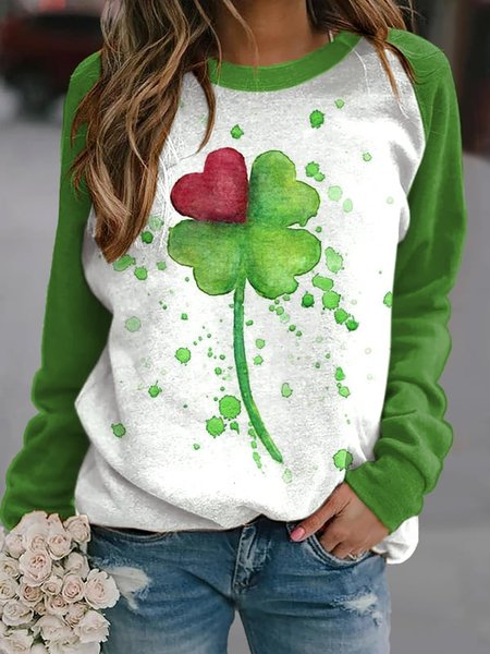 

four-leaf clover Regular Fit Casual Four-Leaf Clover Top, Green, T-Shirts