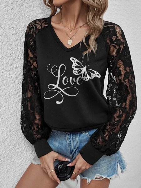 

V Neck Butterfly Casual Lace Top, Black, Tops