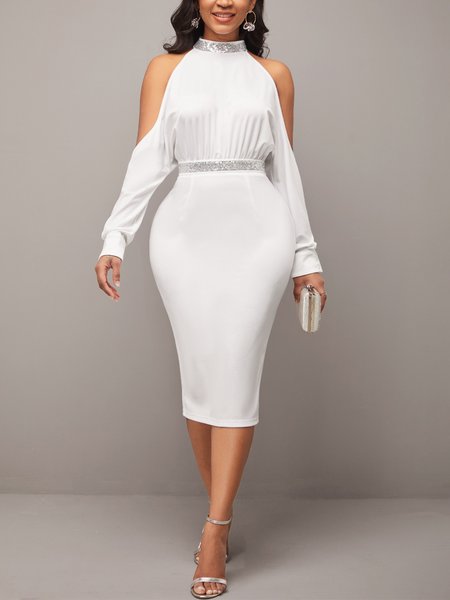

Tight Stand Collar Elegant Plain Midi Long sleeve Medium Elasticity Dress, White, Midi Dresses
