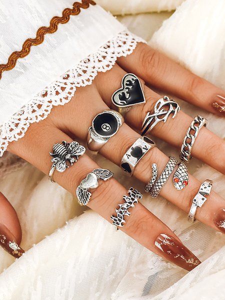

10Pcs Bohemian Vintage Bee Snake Heart Pattern Ring Set Beach Vacation Jewelry, Silver, Rings