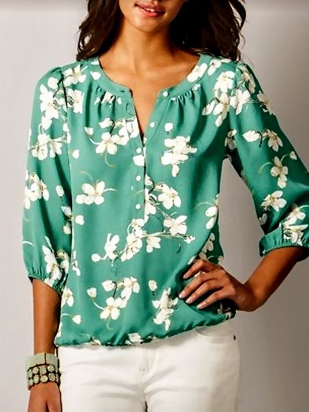 

Loose Buttoned V Neck Casual Blouse, Green, Shirts & Blouses