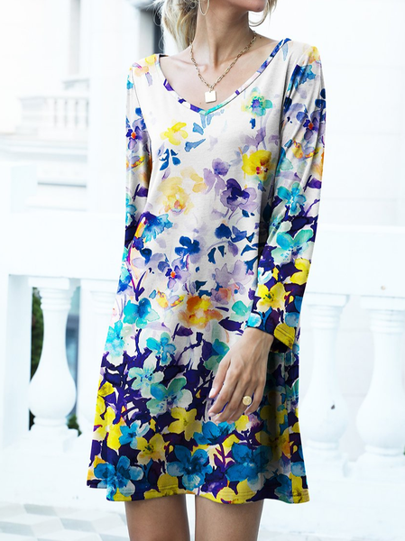 

Floral Casual V Neck Loose Dress, Multicolor, Dresses