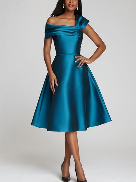 

Regular Fit Satin Plain Elegant Regular Fit No Elasticity Party Dress, Blue, Midi Dresses