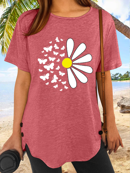 

Women's Daisy Butterfly Casual Crew Neck T-Shirt, Pink, T-shirts