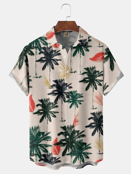 

Coconut Tree Chest Pocket Short Sleeve Hawaiian Shirt, Pink, Men Shirts