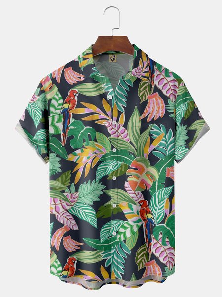 

Plant Leaf Parrot Chest Pocket Short Sleeve Hawaiian Shirt, Green, Men Shirts