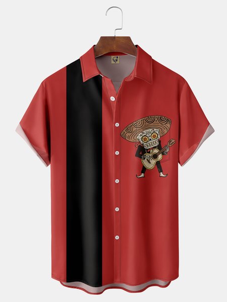 

Cinco de Mayo Chest Pocket Short Sleeve Bowling Shirt, Red, Men Shirts
