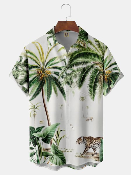 

Coconut Tree Chest Pocket Short Sleeve Hawaiian Shirt, White, Men Shirts