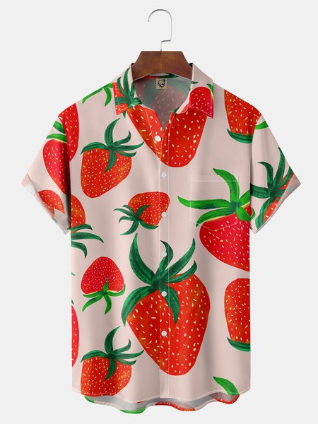 

Fruit Strawberry Chest Pocket Short Sleeve Casual Shirt, Pink, Men Shirts