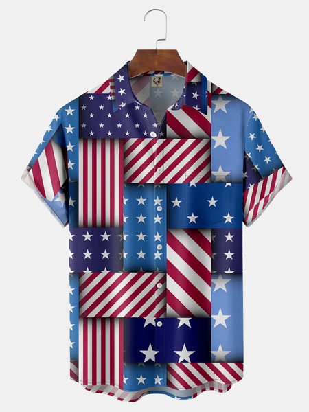 

American Flag Chest Pocket Short Sleeve Casual Shirts, Blue, Men Shirts