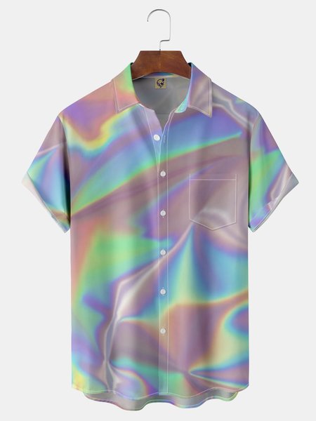 

Abstract Laser Chest Pocket Short Sleeve Casual Shirt, Pink, Men Shirts