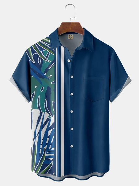 

Plant Leaves Chest Pocket Short Sleeve Hawaiian Shirt, Blue, Men Shirts