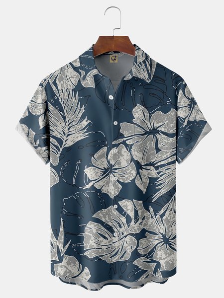 

Floral Chest Pocket Short Sleeve Hawaiian Shirt, Blue, Men Shirts