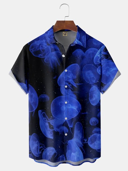

Jellyfish Chest Pocket Short Sleeve Hawaiian Shirt, Blue, Men Shirts