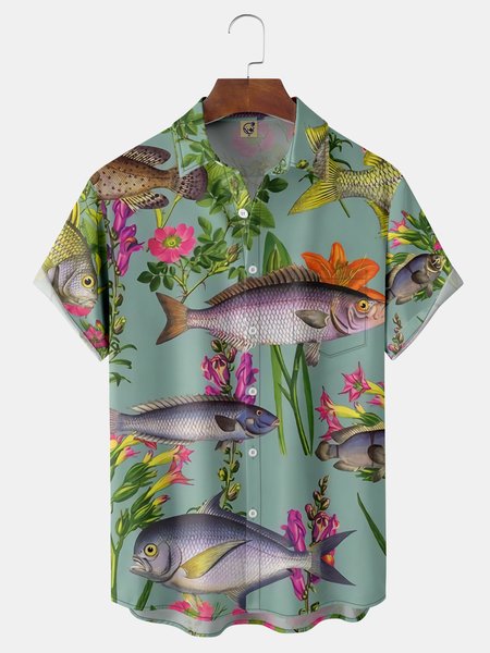 

Floral Fish Chest Pocket Short Sleeve Hawaiian Shirt, Green, Men Shirts