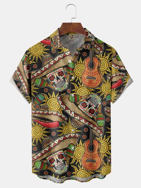 

Cinco de Mayo Skull Chest Pocket Short Sleeve Casual Shirt, Black, Men Shirts