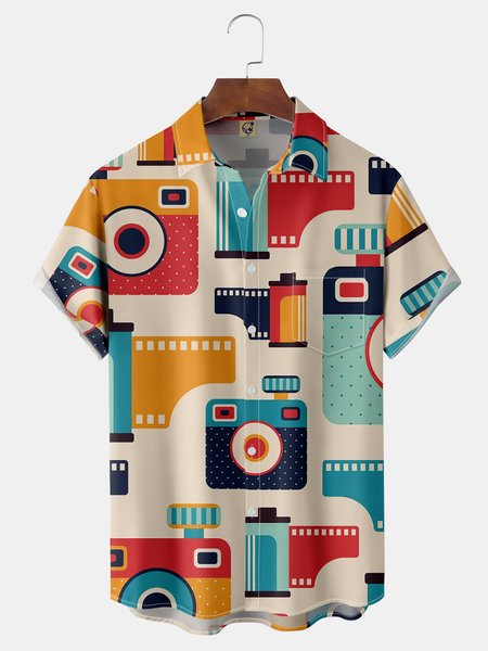 

Vintage Polaroid Film Chest Pocket Short Sleeve Casual Shirt, Khaki, Men Shirts
