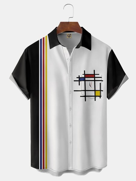 

Color Block Geometry Chest Pocket Short Sleeve Casual Shirt, Black, Men Shirts