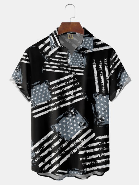 

American Flag Chest Pocket Short Sleeve Casual Shirt, Black, Men Shirts