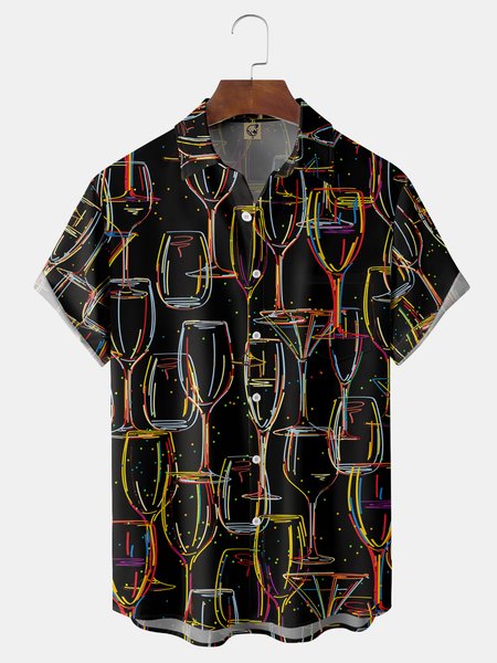 

Wineglass Chest Pocket Short Sleeve Casual Shirt, Black, Men Shirts