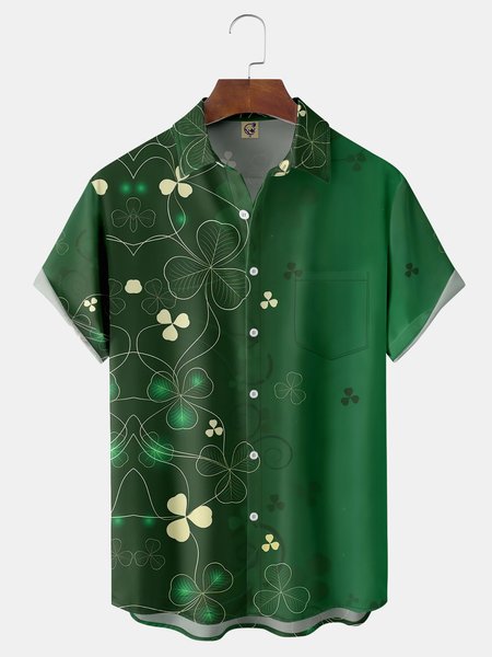 

St. Patrick's Day Shamrock Chest Pocket Short Sleeve Casual Shirt, Green, Men Shirts