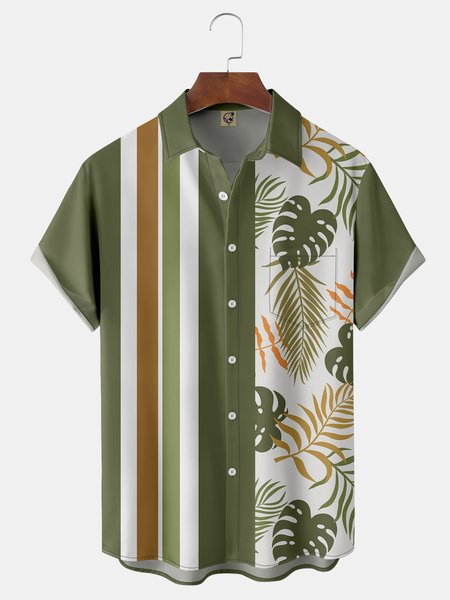 

Striped Leaf Chest Pocket Short Sleeve Hawaiian Shirt, Darkgreen, Men Shirts