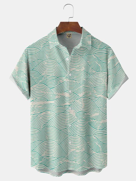 

Ukiyo-e Chest Pocket Short Sleeve Casual Shirt, Green, Men Shirts