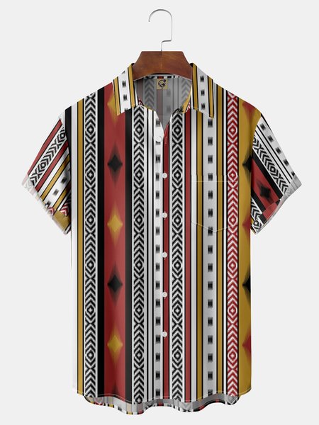 

Vintage Stripe Chest Pocket Short Sleeve Casual Shirt, Red, Men Shirts