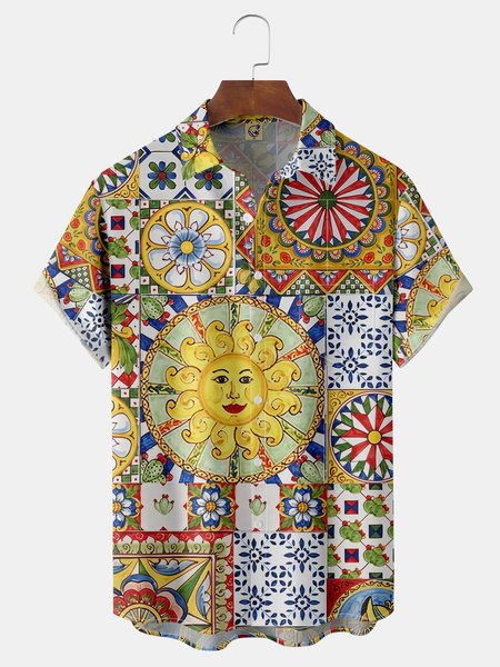 

Mediterranean Tile Chest Pocket Short Sleeve Hawaiian Shirt, Yellow, Men Shirts
