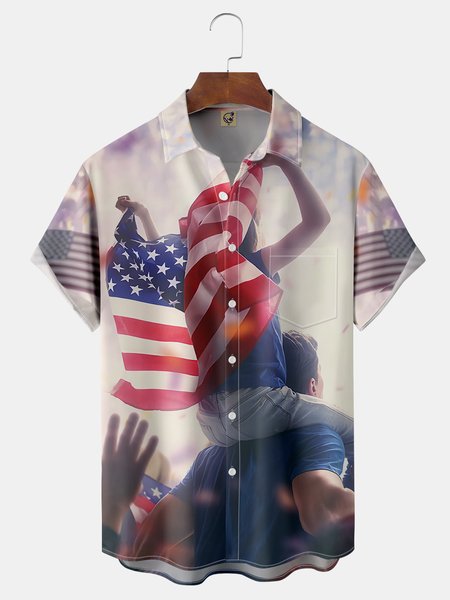 

American Flag Chest Pocket Short Sleeve Casual Shirt, White-gray, Men Shirts