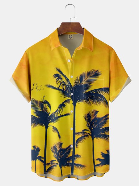 

Coconut Tree Chest Pocket Short Sleeve Hawaiian Shirt, Yellow, Men Shirts