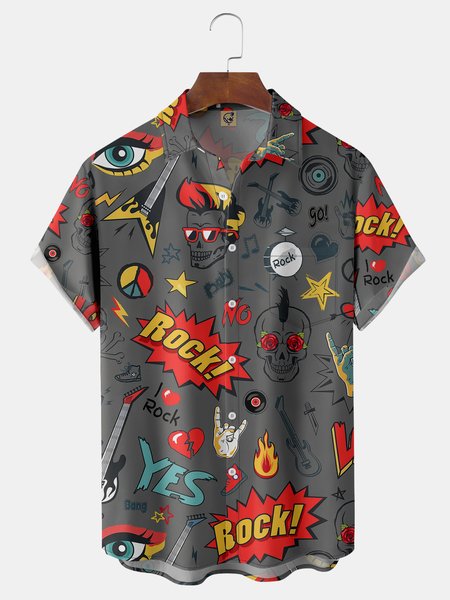 

Rock Music Chest Pocket Short Sleeve Casual Shirt, Gray, Men Shirts